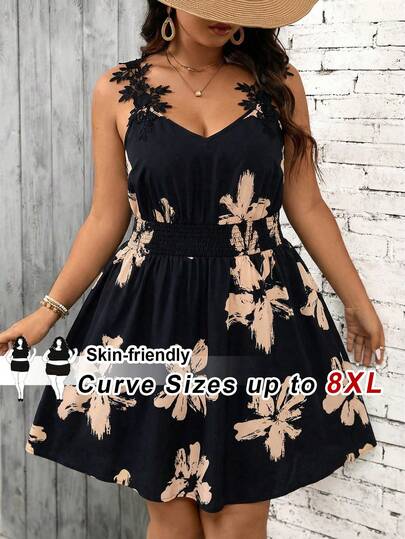SHEIN CURVE+ Plus Size Women Floral Print Sleeveless Elegant Dress, Vacation