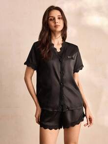 Charlaine Lace Trim Satin Pajama Set - Black - View 4