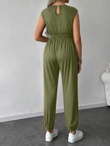 SHEIN Maternity Casual Solid Color Drawstring Jumpsuit Photoshoot Summer - Olive Green - View 2