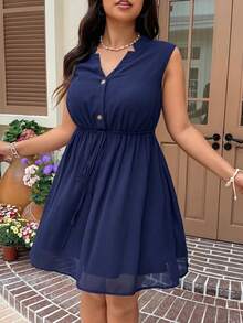SHEIN EZwear 加大码藏蓝色雪纺无袖带口袋休闲连衣裙 - 藏蓝色 - 查看 5