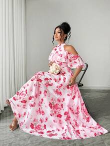 Elenzga Plus Size Women's Off-Shoulder Ruffle Hem A-Line Elegant Romantic Dress, Suitable For Valentine's Day - Multicolor - View 5