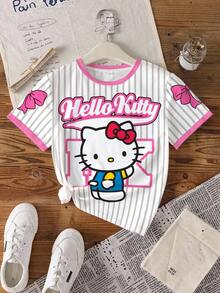 HELLO KITTY AND FRIENDS | SHEIN Tween flickors tecknat tryck rund hals kortärmad avslappnad mångsidig t-shirt - Vitt - Visa 1