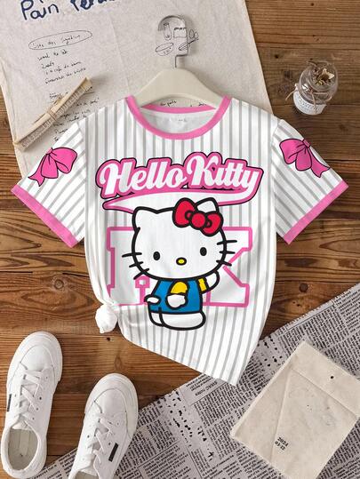 HELLO KITTY AND FRIENDS | SHEIN 少女卡通印花圆领短袖休闲百搭T恤