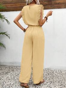 SHEIN Frenchy 女士无袖露脐蕾丝上衣，两件套，纹理面料 - 淡黃色 - 查看 2