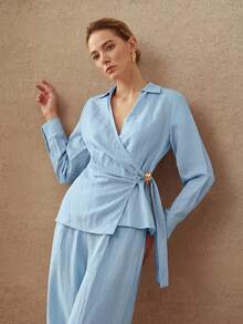 MOTF PREMIUM MINIMALIST ELEGANT LINEN WAIST METAL BUCKLE DECOR SHIRT, SPRING/SUMMER - Blue - View 5