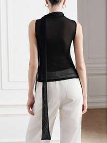 Aveloria Modichic Top de mujer negro elegante y sexy para verano, con malla y lazo, transparente, sin mangas, de cuello alto, ajustado, con forro de punto, para fiesta, club y actuaciones - Negro - Ver 2