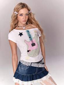 Sweetness Y2K Rockstar Bass Note Graphic Asymmetric Shoulder Women T-Shirt - White - View 10