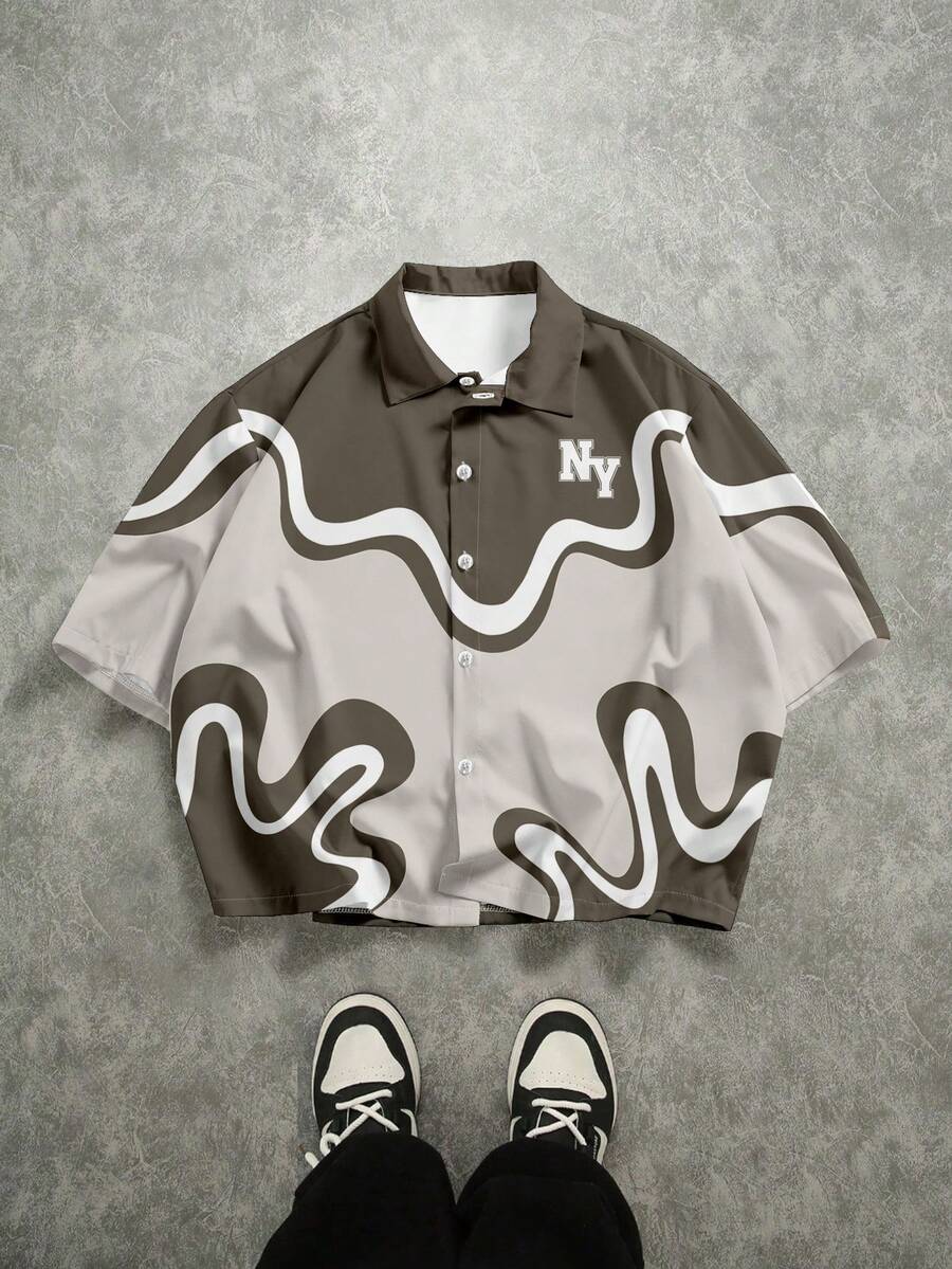 Manfinity EMRG All-Over Print Contrast Color Front Button Casual Short Sleeve Shirt - Multicolor - View 1