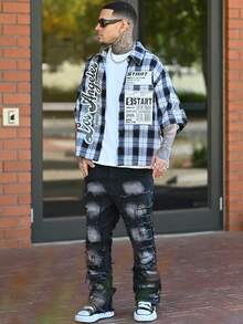 Devon Thys Quần Jeans Denim Co Giãn Có Viền Thêu Hình Mèo Vằn Cho Nam, Kiểu Dáng Ôm, Loe, Phong Cách Emo - màu đen - Xem 4
