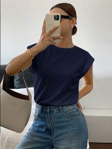 Siren Gaze Navy Blue Casual Minimalist T-Shirt For Women, Suitable For Summer - Navy Blue - View 6