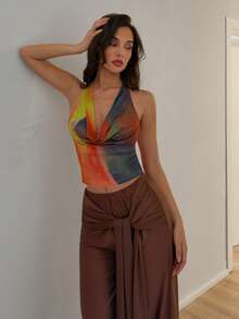 Glamine Contrast Color Tie Dye Spaghetti Strap Camisole Top, Sexy Plunging Draped Neck Backless Fitted Cropped Vest For Summer - Multicolor - View 3