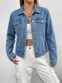 SHEIN EZwear 大码女式休闲时尚街头风短款牛仔外套，适合春秋季穿着 - 藍色 - 查看 5