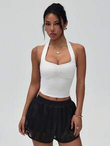 SHEIN Dewbera Women's Solid Color Pleated Cropped Racerback Tank Top - White - View 5