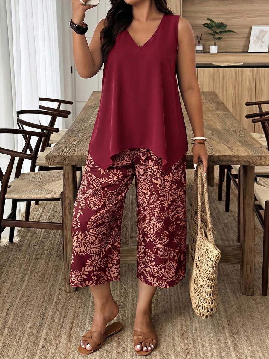 Weeklong Plus Size Women's V-Neck Irregular Hem Sleeveless Blouse And Solid Color Capri Pants 2-Piece Set, Spring/Summer - Burgundy - View 1