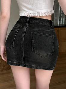 Joudiya Women's Washed Distressed Denim Mini Skirt Jeans Skirt - Black - View 3