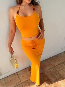 Maria Perezxox 女式夏季橙色吊带上衣配珍珠装饰和紧身裙两件套 - 橘色 - 查看 4