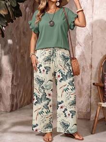 EMERY ROSE Casual Tropical Floral Print Plus Size 2 Pieces Set - Multicolor - View 1