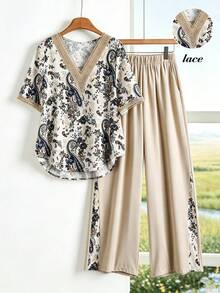 Rusticease Women's Floral Print Lace Patchwork V-Neck Blouse And Casual Pocket Long Pants Set,Elegant Summer Holiday Vacation Outfits,Birthday Wedding Outfits - Khaki - View 3