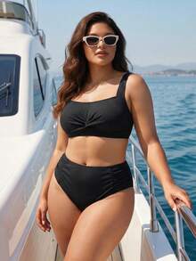 Swim Lushoire Plus Size Women 2pcs Solid Color Twist Front Ruched Tummy Control Bikini Set Set, Suitable For Vacation Party Beach White Summer - Black - View 4