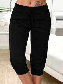 Tropvida Pantalon Décontracté Grande Taille De Couleur Unie Pour Le Printemps Et L'été - Noir - Voir 1