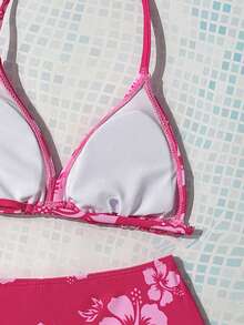 SHEIN Tween Girl Tankini Swimwear Set, Pink Floral Print, Summer Beach Vacation - Hot Pink - View 6