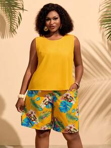 BrightlyHer Bộ đồ đôi nữ cỡ lớn gồm áo tank top cổ tròn màu trơn và quần short in họa tiết cây nhiệt đới, kiểu dáng thường ngày. - Nhiều màu - Xem 4