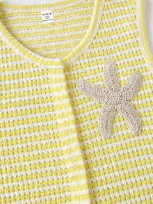SHEIN Bộ đồ hai mảnh cho bé gái tuổi teen: áo croptop không tay và quần short rộng, kẻ sọc nâu trắng, thích hợp cho kỳ nghỉ xuân/hè. - Màu vàng - Xem 3