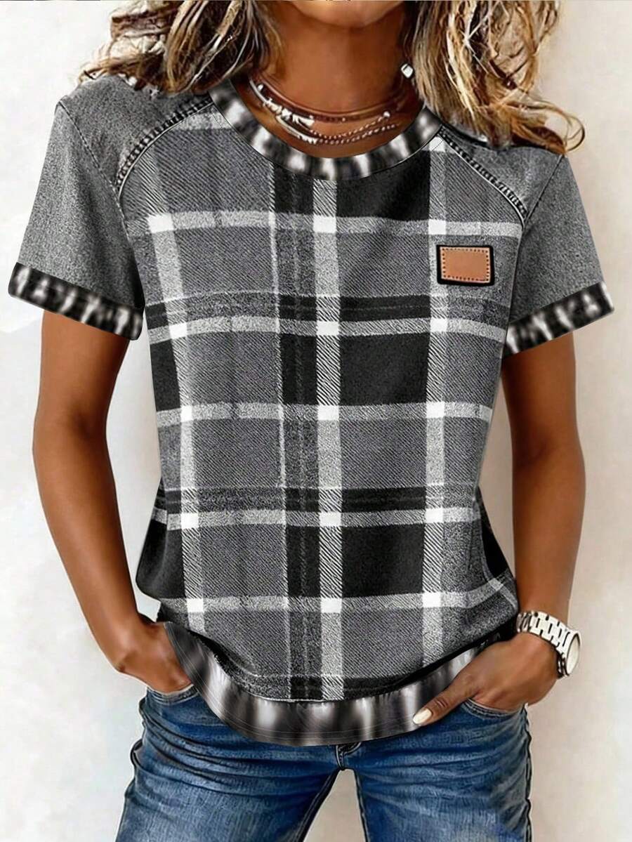 EMERY ROSE Plus-Size Women's Casual Plaid Denim Print Short-Sleeved T-Shirt, Suitable For Spring, Summer And Autumn. - Multicolor - View 1