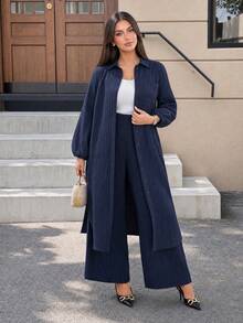 SHEIN Lady CURVE Áo sơ mi dệt kim màu xanh hải quân, cổ bẻ, tay phồng, có túi, dáng dài, cỡ lớn, thích hợp cho mùa thu đông, trang phục công sở thanh lịch, bộ đồ hai mảnh cho nữ dịp Lễ Tạ ơn, trang phục mùa thu, quần áo dáng ôm, trang phục thanh lịch cho Lễ Tạ ơn, trang phục hai mảnh mùa thu cho nữ. - Màu xanh lam - Xem 7
