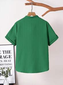 SHEIN Áo sơ mi ngắn tay cổ bẻ đa năng dành cho bé trai tuổi teen - Màu xanh lá cây đậm - Xem 2