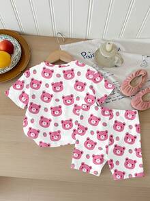 [RANDOM 3 Sets SEND 1 Set]Baby Girl Cute Summer Light Pink Graphic Bear Strawberry Print Round Neck T-Shirt & Bike Shorts Set,Family Matching Outfits - Multicolor - View 10