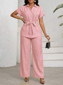 SHEIN Lady Women's Dusty Pink Two Piece Outfit Short Sleeve Collared Button-Up Top With Tie Waist And Wide Leg Pants Set,Summer Outfits For Women Office Casual - Pink - View 3