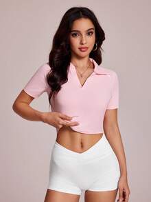 SHEIN Sovereign Charm Sovereign Charm 女款修身短袖運動 Polo 衫，反光圓點設計，嬰兒粉色，適合夏季休閒、高爾夫、網球、訓練 - 粉色 - 查看 4