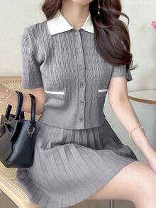 DAZY Women's Contrast Color Round Neck Short Sleeve Button Front Twist Knit Sweater 2 Pieces Set - Grey - View 8