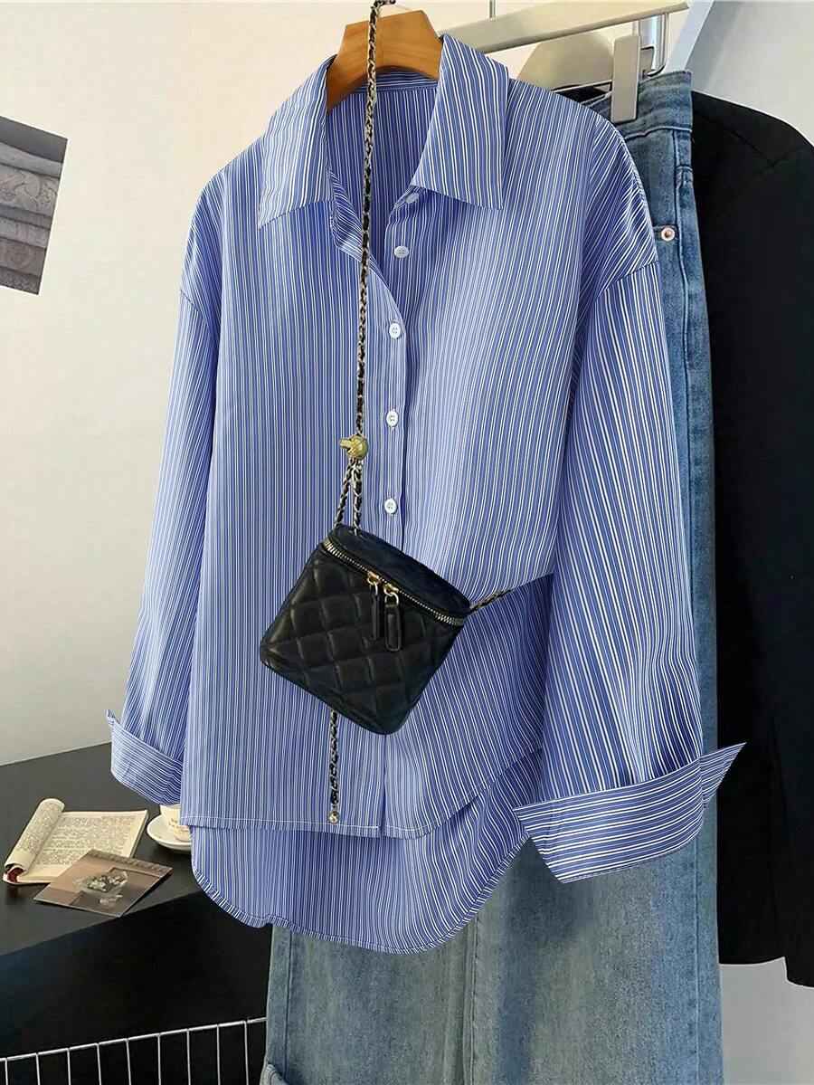 Franclia Women's Casual Vacation & Work Commute Contrast Color Striped Print Loose Fit Drop Shoulder Long Sleeve Shirt, Spring/Autumn - Blue - View 1