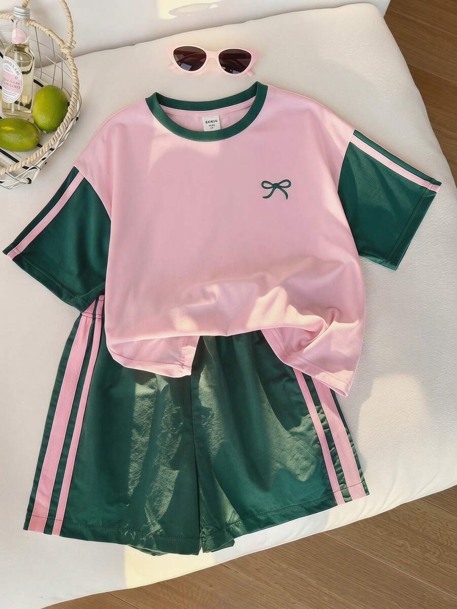 2pcs/Set Young Girl Knitted Contrast Color Bow Print Round Neck Casual Loose T-Shirt&Fitted Shorts,Light Pink,Summer Suitable For Back To School Wear - Multicolor - View 1