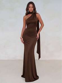 Aloruh Elegant, Glamorous, And Stylish, This Coffee-Brown Knit Dress Features A Deep Backless Design, A Flowing Ribbon Neckline Party Wedding, Wedding Guest - Brown - View 7