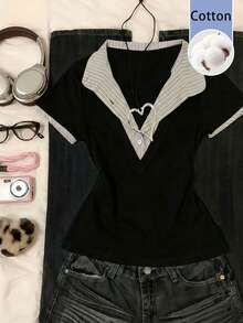 SHEIN Franclia قميص كاجوال أنيق بياقة على شكل حرف V مخطط باللون الأبيض والأزرق، مناسب للارتداء اليومي، الحفلات، التنقل، الشاي بعد الظهر، قصير الأكمام، ربيع/صيف - الأسود - مشاهدة 3