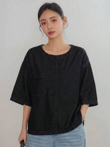 DAZY 女士休闲时尚街头宽松落肩拼接口袋牛仔衬衫夏季 - 黑色 - 查看 4