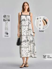 Ontre Nuovo arrivo Primavera/Estate 2026 Abito lungo e ampio da donna con stampa, design elegante minimalista urban chic con cintura a contrasto, vestito a-line adatto per uscite, vacanze, festività, appuntamenti romantici, Festa dell'Indipendenza, matrimoni, ufficio, scuola, abito lungo versatile e alla moda per le donne - Multicolore - Visualizzare 4