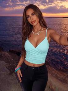 Allurite Sexy Solid Color Draped Spaghetti Strap Camisole Top For Summer - Blue - View 5