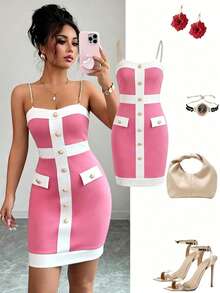 Elenzga Women's Contrast Color Button Design Slim Fit Elegant Camisole Dress - Pink - View 3