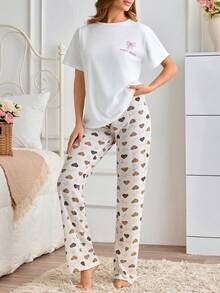 SHEIN 蝴蝶结图案T恤和豹纹爱心印花长睡衣休闲家居套装 - 白色 - 查看 3