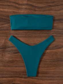 Swim Basics 女款夏季海灘純色性感抹胸比基尼泳衣套裝 - 水鴨藍 - 查看 2