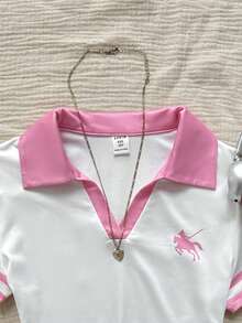 少女时尚休闲夏季Polo领针织撞色拼接修身白色T恤，饰有小logo图案 - 白色 - 查看 5