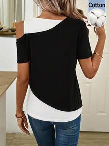 Easowa Áo thun ngắn tay trễ vai cổ bất đối xứng phối màu tương phản, làm từ cotton hữu cơ thoải mái - Đen và trắng - Xem 2