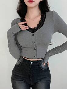 DAZY Women's Color Block Lace Decorated Long Sleeve Cropped T-Shirt Going Out Tops,Fall Clothes Preppy Tops - Grey - View 7