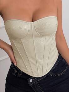 Maria Perezxox Women's Casual Solid Color Bandeau Top With Fishbone Stitching, Summer - Apricot - View 3