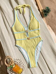 Bonvoyette Costume da bagno intero da donna in tessuto strutturato, nuovo arrivo estivo, con scollo a V profondo, decorazione a stella marina metallica e effetto luminoso, con lacci incrociati e contrasto di colori bianco e nero, design con schiena scoperta, adatto per feste, pomeriggi in spiaggia, crociere e vacanze - Multicolore - Visualizzare 2