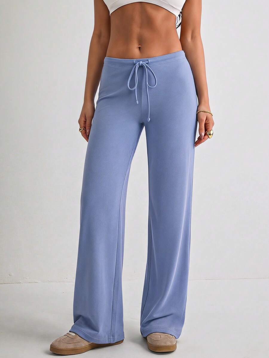 Pantalones casuales de pierna recta larga de unicolor para mujer con elasticidad media - Celeste - Ver 1